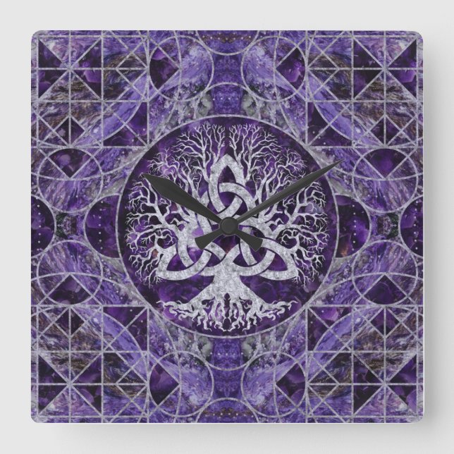 Baum des Lebens mit Triquetra Amethyst und Silber Quadratische Wanduhr (Vorderseite)