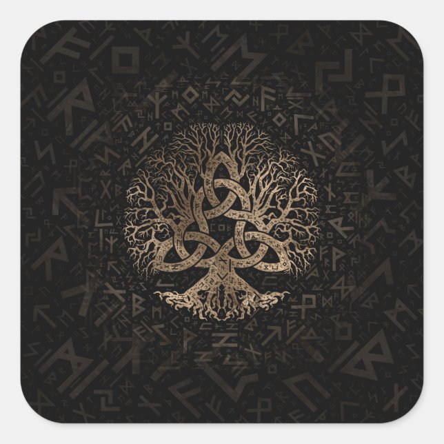 Baum des Lebens mit Triquetra auf Futhark Muster Quadratischer Aufkleber (Vorderseite)