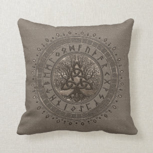 Baum des Lebens mit Triquetra beige Leder und Gold Kissen