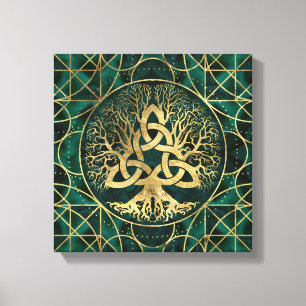 Baum des Lebens mit Triquetra Malachit und Gold Leinwanddruck
