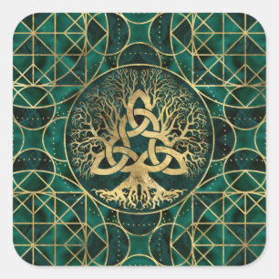 Baum des Lebens mit Triquetra Malachit und Gold Quadratischer Aufkleber