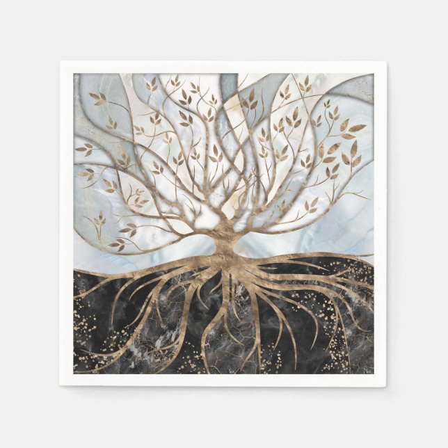 Baum des Lebens - Perle, Gold und schwarzer Marmor Serviette (Vorderseite)