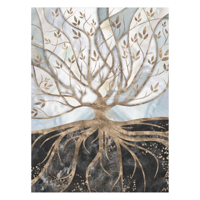 Baum des Lebens - Perle, Gold und schwarzer Marmor Tischdecke (Vorderseite)