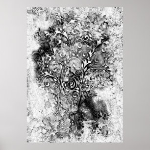 Baum des Lebens - Spiralen Blätter Grunge Stil 1 Poster