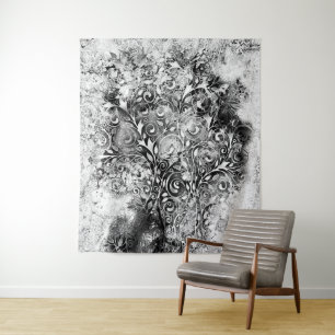 Baum des Lebens - Spiralen Blätter Grunge Stil 1 Wandteppich