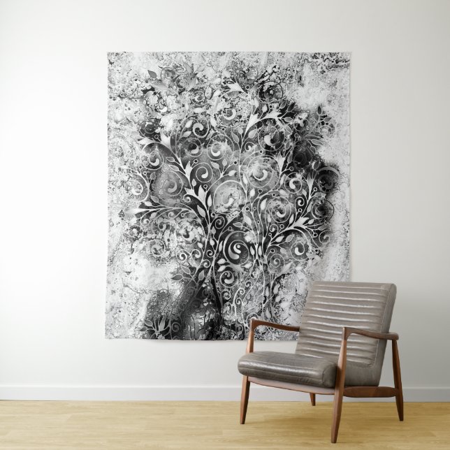 Baum des Lebens - Spiralen Blätter Grunge Stil 1 Wandteppich (Beispiel)