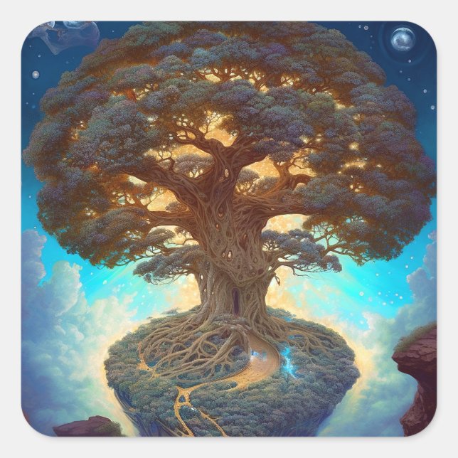 Baum des Lebens surreale Natur Kunst Quadratischer Aufkleber (Vorderseite)