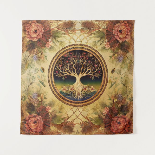 Baum des Lebens von Kedoki Rose Goldstickerei Wandteppich (Vorderseite)
