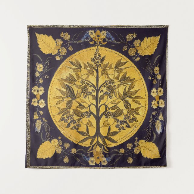 Baum des Lebens von Kedoki schwarzes Gold Stickere Wandteppich (Vorderseite)