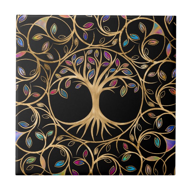 Baum des Lebens - Yggdrasil - farbenfrohe Blätter Fliese (Vorderseite)