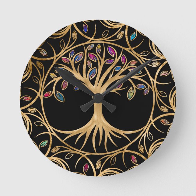 Baum des Lebens - Yggdrasil - farbenfrohe Blätter Runde Wanduhr (Vorderseite)