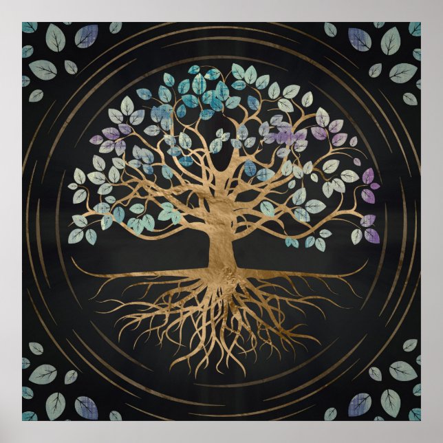 Baum des Lebens - Yggdrasil - Gold und Gemälde Poster (Vorne)