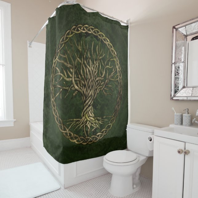 Baum des Lebens - Yggdrasil -grün und Gold Duschvorhang (Beispiel)