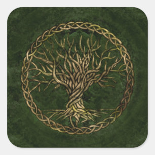 Baum des Lebens - Yggdrasil - grün und gold Quadratischer Aufkleber