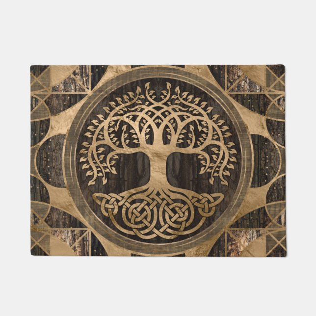 Baum des Lebens - Yggdrasil - Holzbarsch und Gold Fußmatte (Vorderseite)