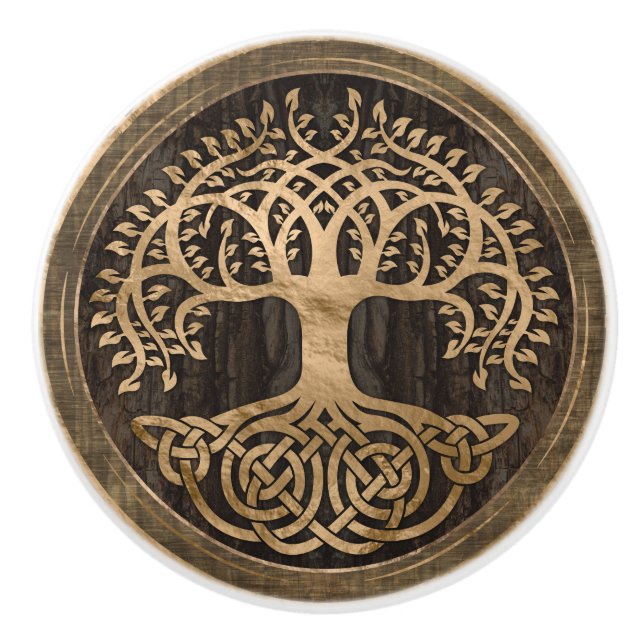 Baum des Lebens - Yggdrasil - Holzbarsch und Gold Keramikknauf (Vorderseite)