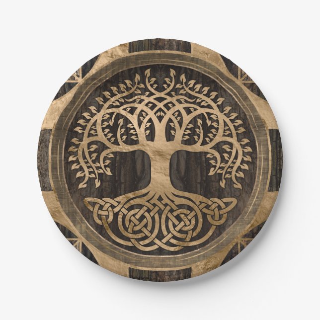 Baum des Lebens - Yggdrasil - Holzbarsch und Gold Pappteller (Vorderseite)