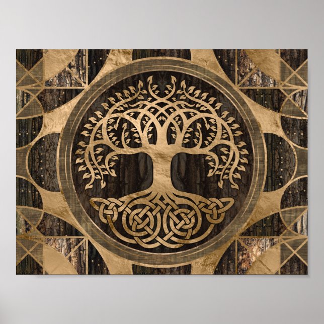 Baum des Lebens - Yggdrasil - Holzbarsche und Gold Poster (Vorne)