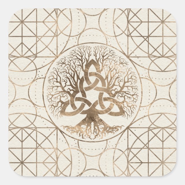 Baum des Lebens - Yggdrasil mit Gold von Triquetra Quadratischer Aufkleber (Vorderseite)