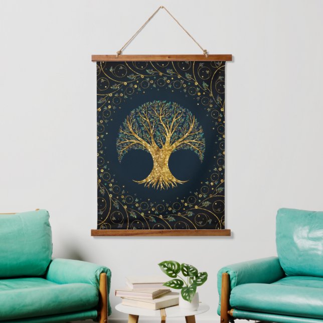 Baum des Lebens - Yggdrasil Ornament Wandteppich Mit Holzrahmen (Wohnzimmer)