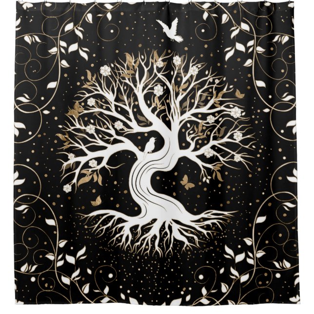 Baum des Lebens - Yggdrasil - Schwarz-weiß und Gol Duschvorhang (Vorderseite)