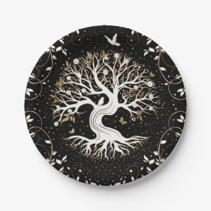 Baum des Lebens - Yggdrasil - Schwarz-weiß und Gol Pappteller