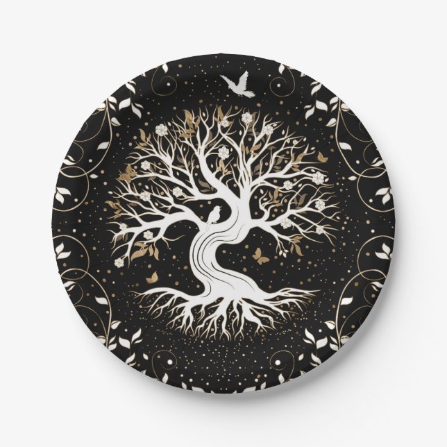 Baum des Lebens - Yggdrasil - Schwarz-weiß und Gol Pappteller (Vorderseite)