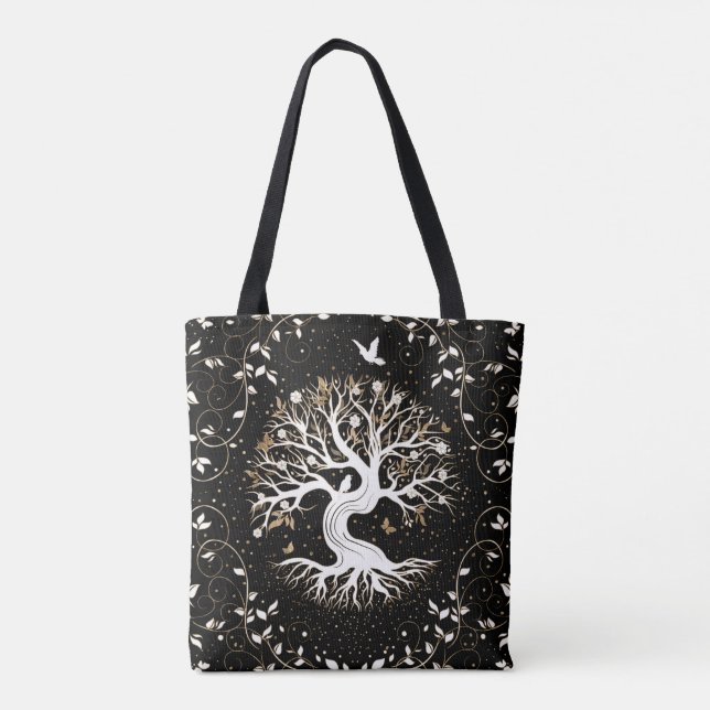 Baum des Lebens - Yggdrasil - Schwarz-weiß und Gol Tasche (Rückseite)