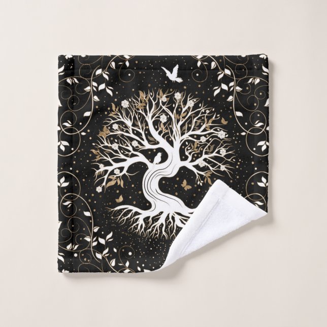 Baum des Lebens - Yggdrasil - Schwarz-weiß und Gol Waschlappen (Waschlappen)