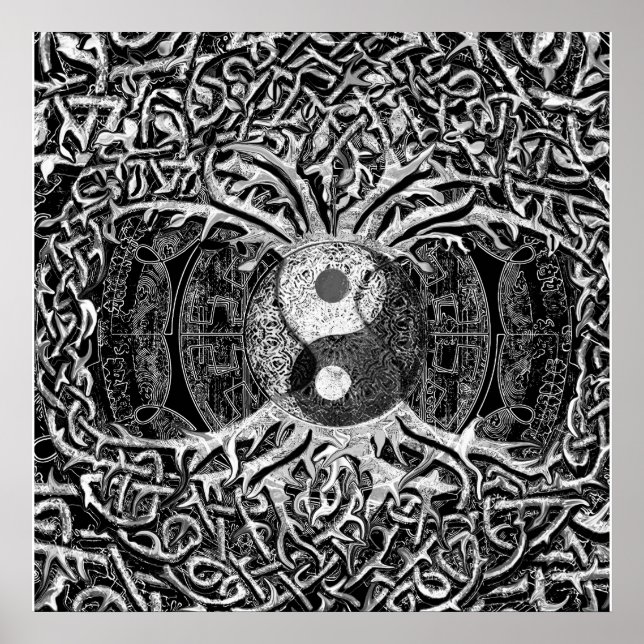 Baum des Lebens Yin Yang in Schwarz und Weiß Poster (Vorne)