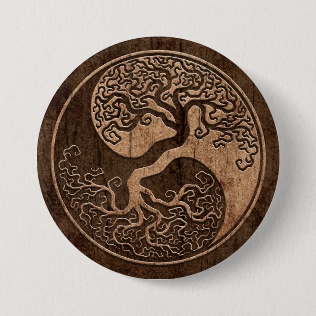 Baum des Lebens Yin Yang mit hölzernem Korn-Effekt Button (Vorderseite)