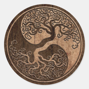 Baum des Lebens Yin Yang mit Holzkörneffekt Runder Aufkleber