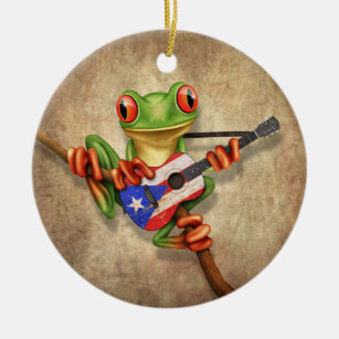 Baum-Frosch, der Puerto- Ricoflaggen-Gitarre Keramikornament