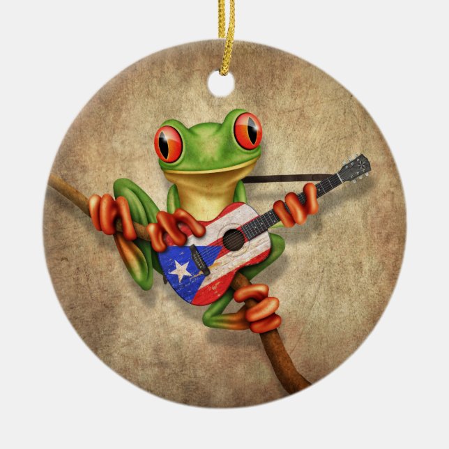 Baum-Frosch, der Puerto- Ricoflaggen-Gitarre Keramikornament (Vorne)