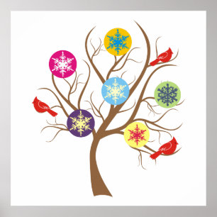 Baum mit Schneeflocken und Kardinälen Poster