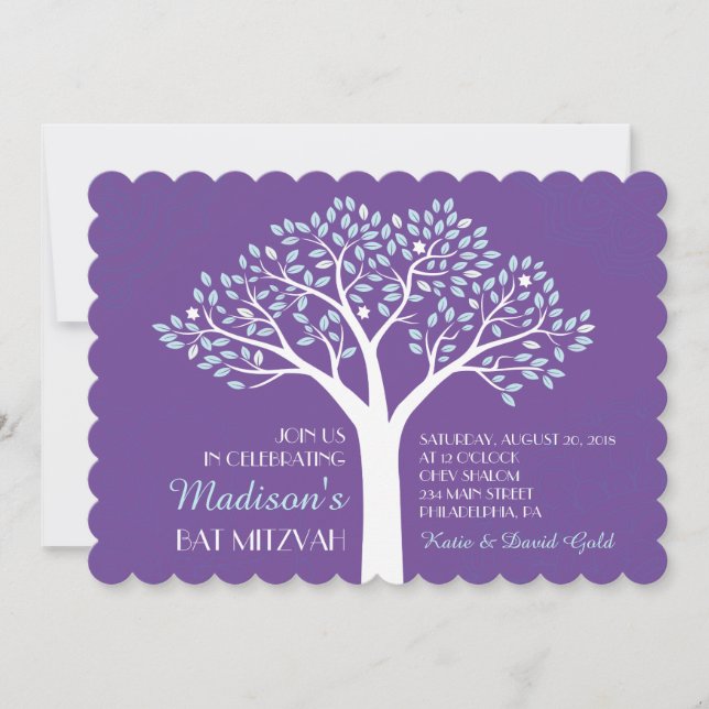 BAUM MIT STARS Lila Bat Mitzvah Einladung (Vorderseite)
