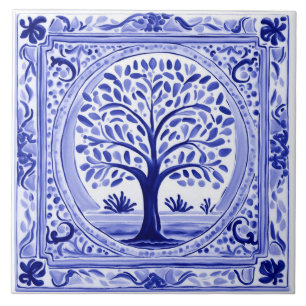 Baum Mittelmeer-Rustikal Blau und Weiß Volkskunst Fliese