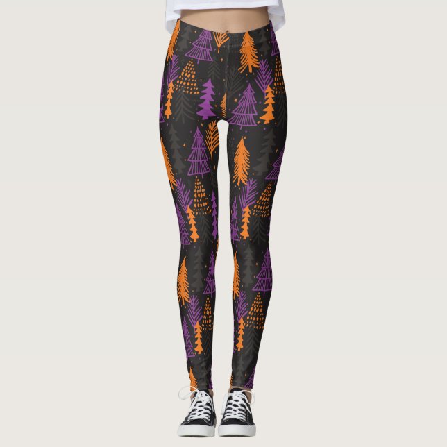 Baum-Muster-Schwarz-Orange Halloweens immergrüne Leggings (Vorderseite)