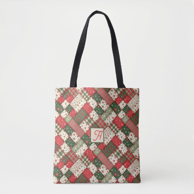 Baum-Muster-Weihnachten Patchwork grün rot Name Tasche (Vorderseite)