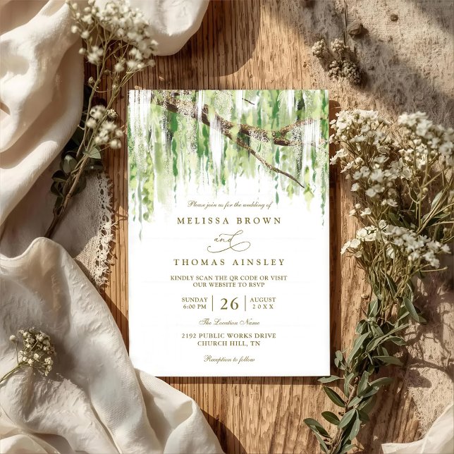 Baum Trauerweide Rustikale Budget QR-Code Hochzeit Einladung (Von Creator hochgeladen)