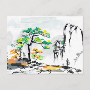 Baum und Landschaft mit Bergdorf Postkarte
