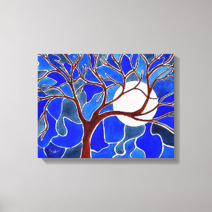 Baum und Mond auf der Leinwand - Blau
