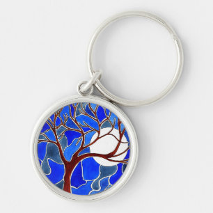 Baum und Mond auf Leinwand - Blau Schlüsselanhänger