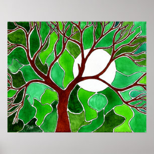Baum-und Mond-Kunst auf Leinwand - Grün Poster