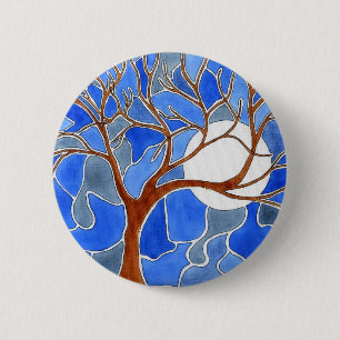 Baum-und Mond-Kunst-Knopf-Blau Button