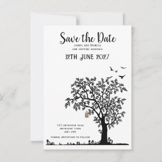 Baum/Vogel Einfach Schwarz und Weiß Save the Date Einladung