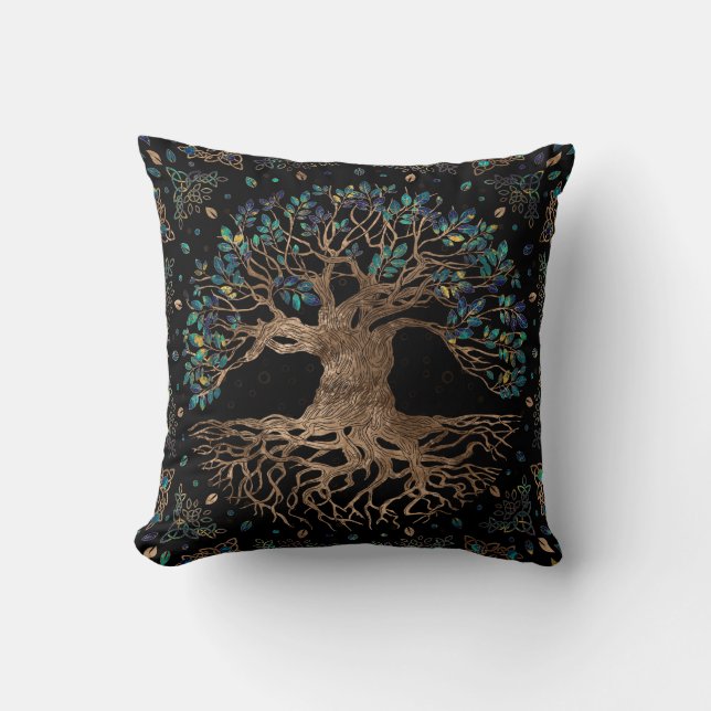 Baum - Yggdrasil Golden und Marmor Kissen (Vorderseite)