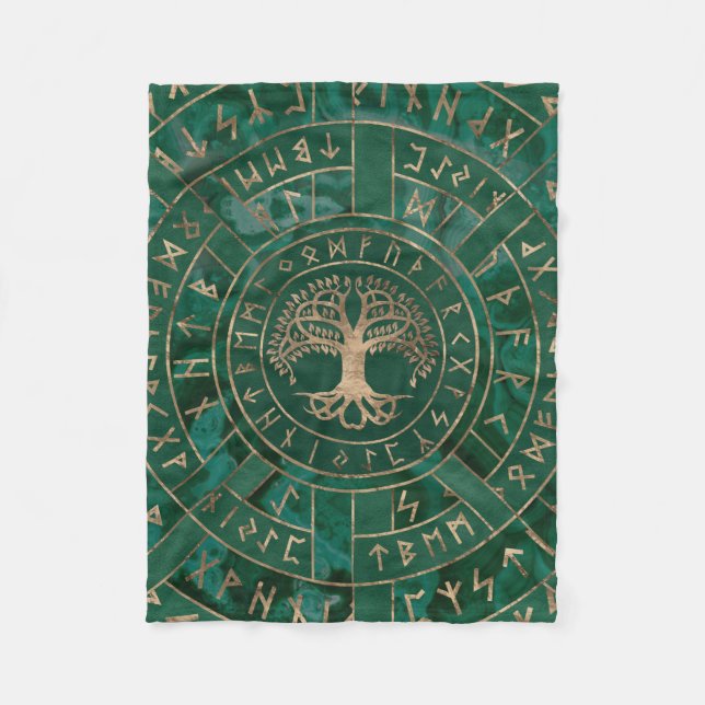 Baum - Yggdrasil und Futhark - Malachit Fleecedecke (Vorderseite)