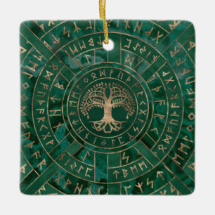 Baum - Yggdrasil und Futhark - Malachit Keramikornament