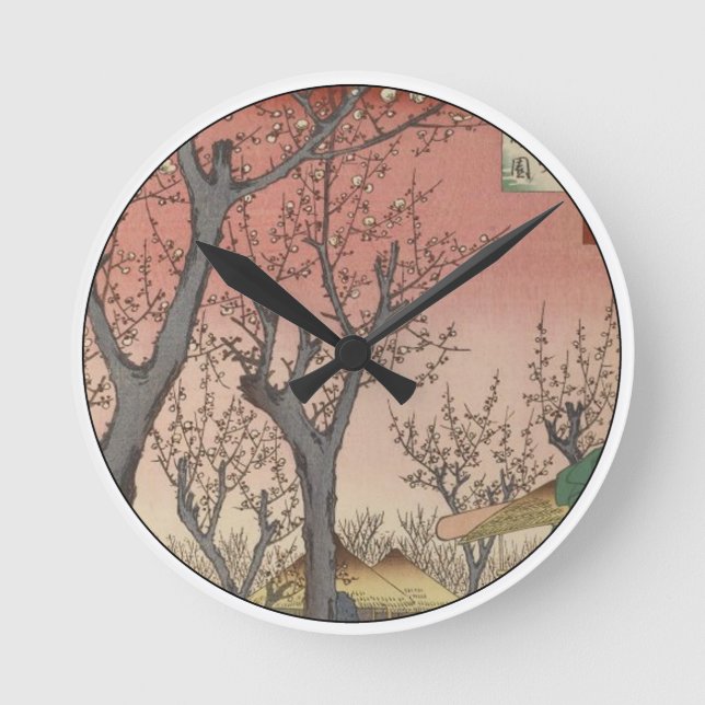 Baumblüten Pflaumengarten Japanischer Holzblock Runde Wanduhr (Vorderseite)